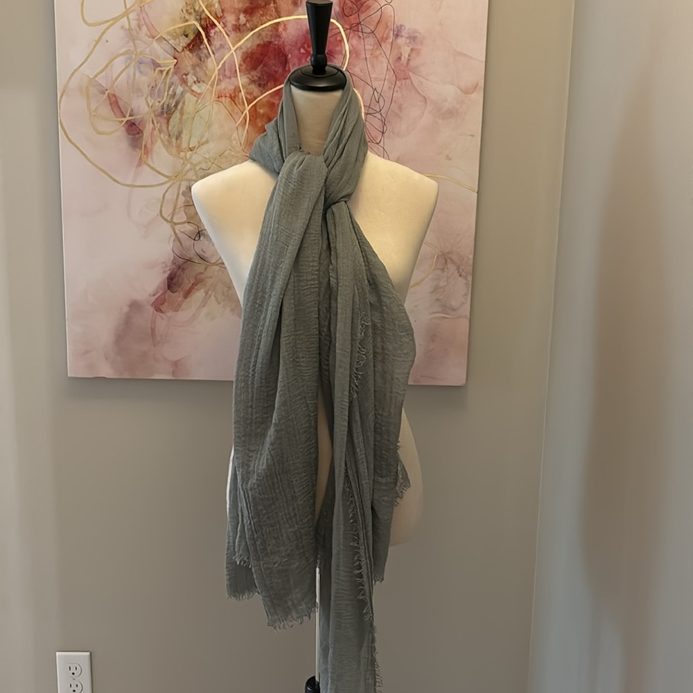 Summer scarf mossy green gauze-like weight w/ fringe ends
